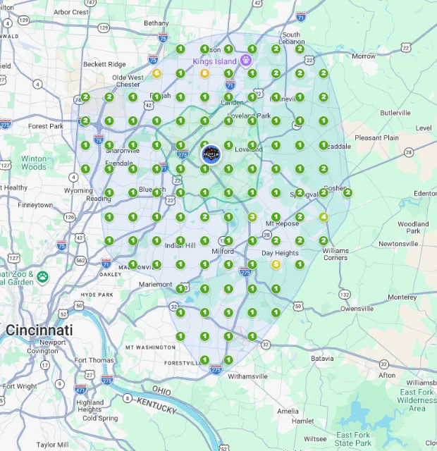 Google Maps rank grid for land clearing services around Loveland, Ohio, with Merten in first place at nearly every point
